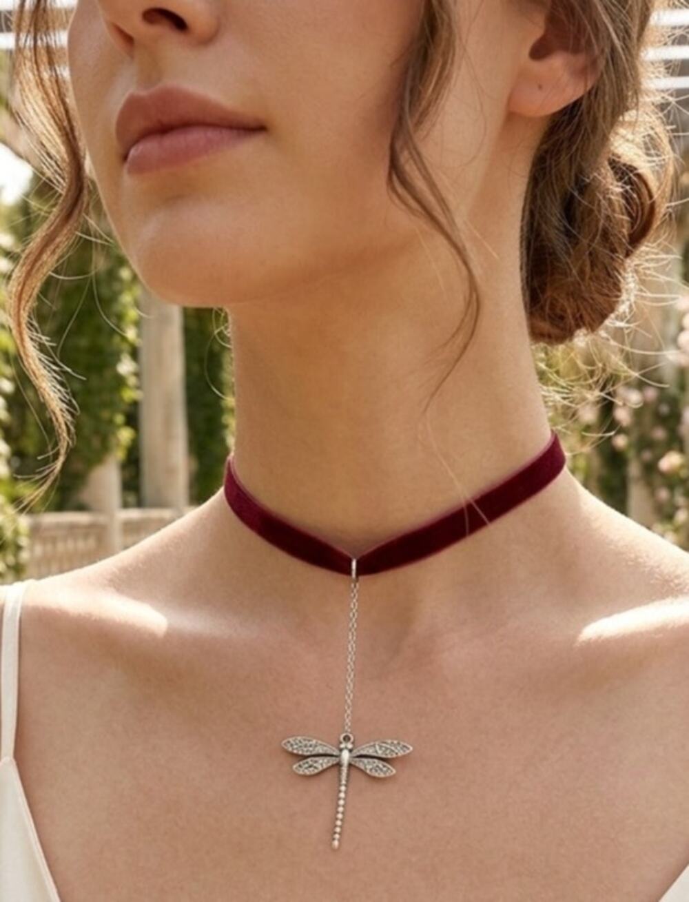 Handmade Velvet Choker Necklace with Delicate Dangling Silver Dragonfly